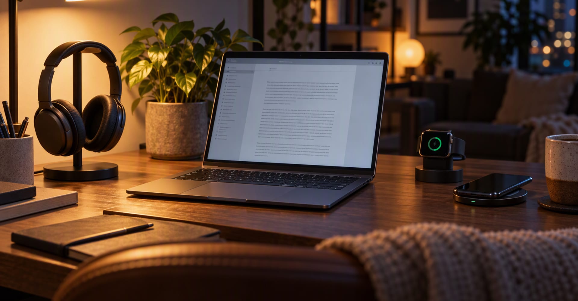 A home desk set up with a laptop, wireless headphones, a smartwatch and a phone charging pad
